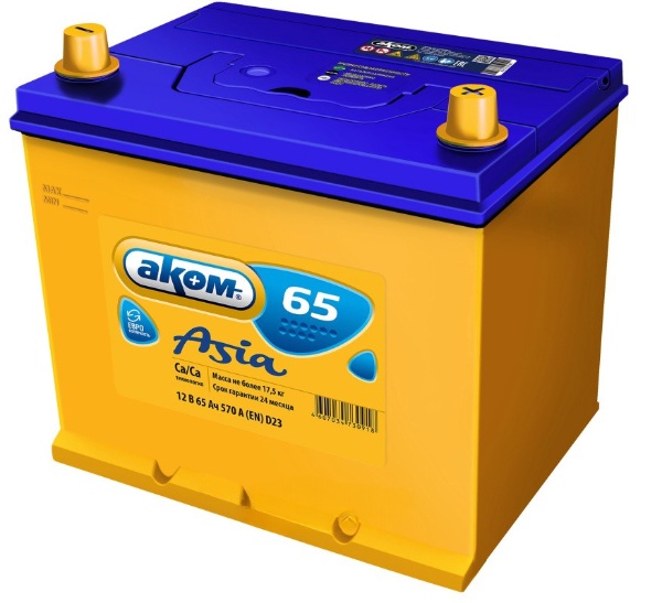 Батарея аккумуляторная АКОМ 4607034730918 65А/ч 570А 12В обратная полярн. выносные (Азия) клеммы